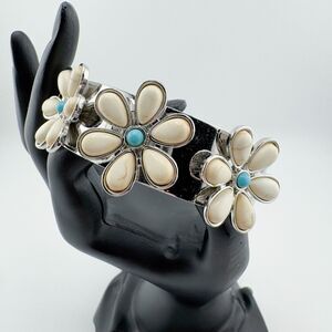 Boho Chic Flower Cuff Bracelet Silver Tone White Stone Turquoise Style Statement